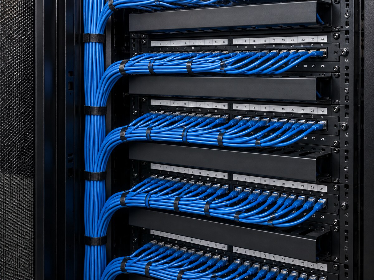 Organized structured cabling and patch panels in a network rack